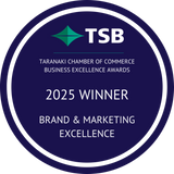 TSB award badge for Brand & Marketing Excellence at the Taranaki Chamber of Commerce Business Excellence Awards 2025.