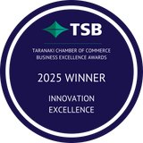 TSB award badge for Innovation Excellence at the Taranaki Chamber of Commerce Business Excellence Awards 2025